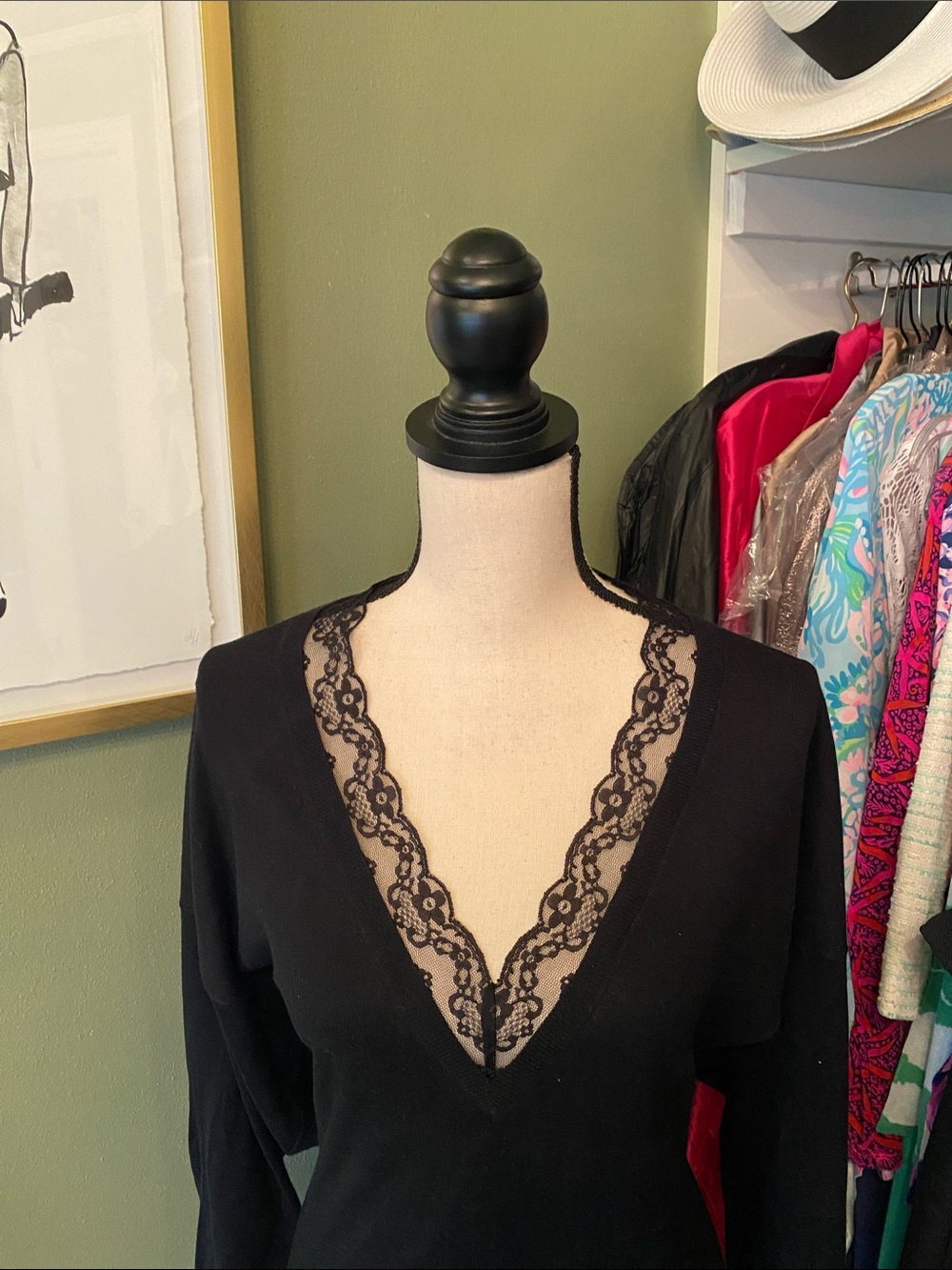 Feminine CAbi Union lace trimmed sweater